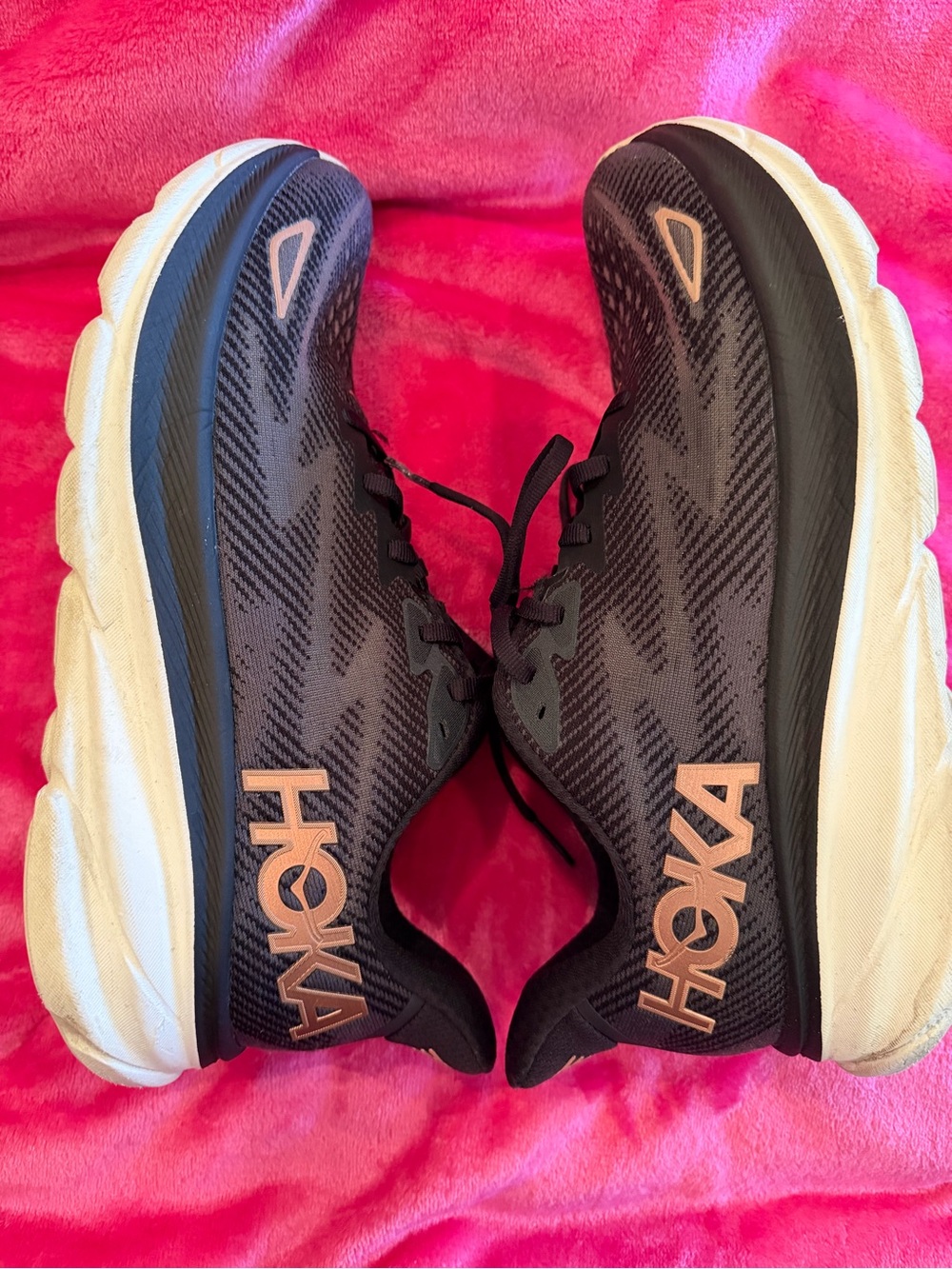 Hoka Black Running Shoes with rose gold Logo Accents